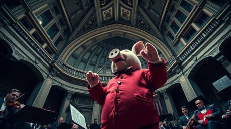 A captivating architectural photograph showcases a pig character dramatically conducting an orchestra from a low angle.  The 