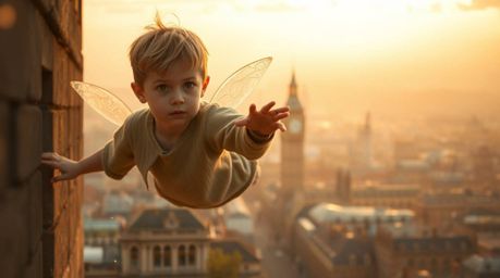 A captivating image of a young boy with a determined look, suspended above London during the magical golden hour. Pixie dust 