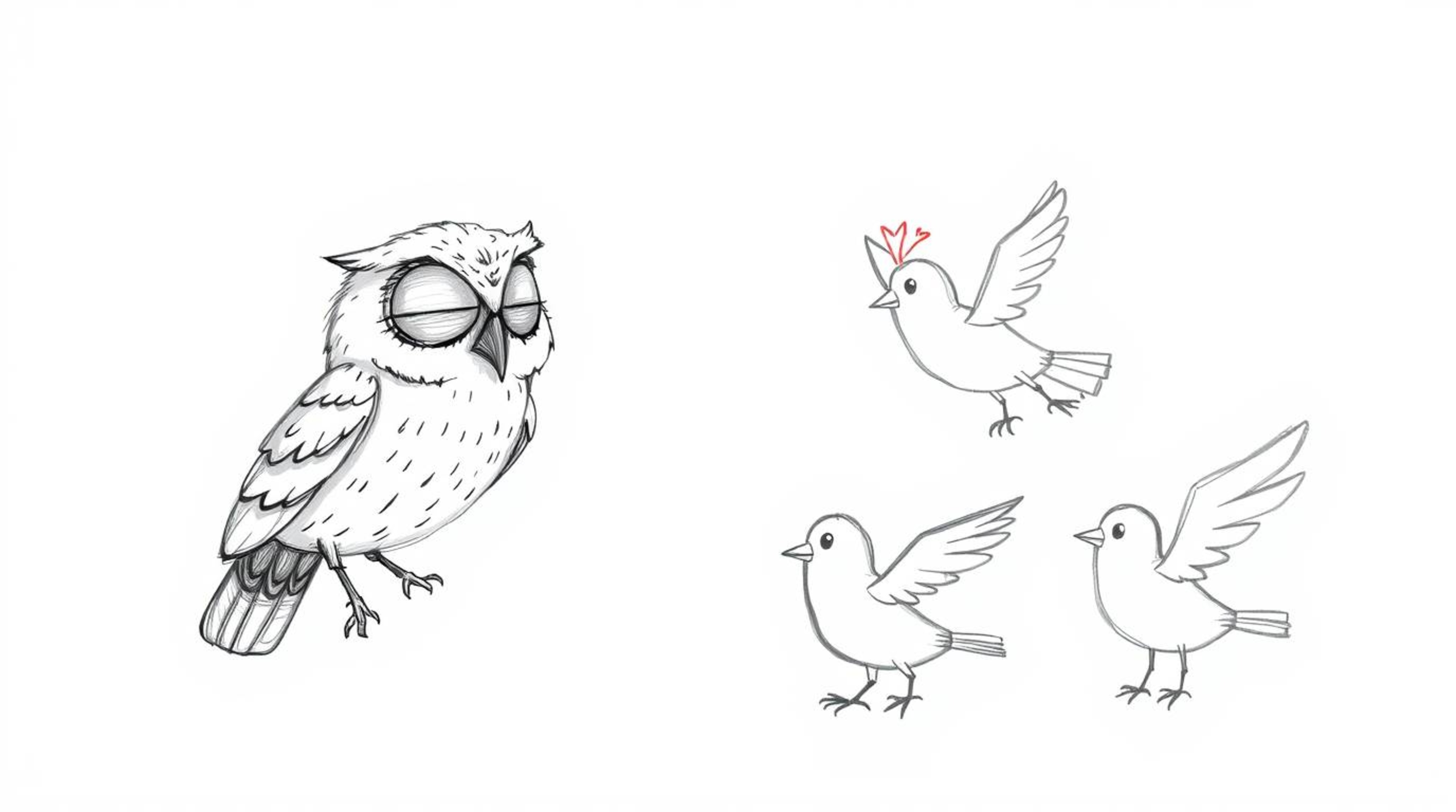 A heartwarming scene unfolds as a blind owl, rendered in a soft and detailed hand-drawn Pixar style, guides lively birds in t