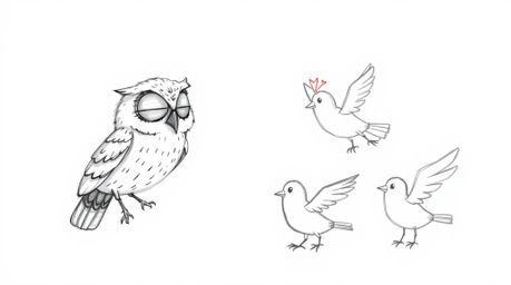 A heartwarming scene unfolds as a blind owl, rendered in a soft and detailed hand-drawn Pixar style, guides lively birds in t