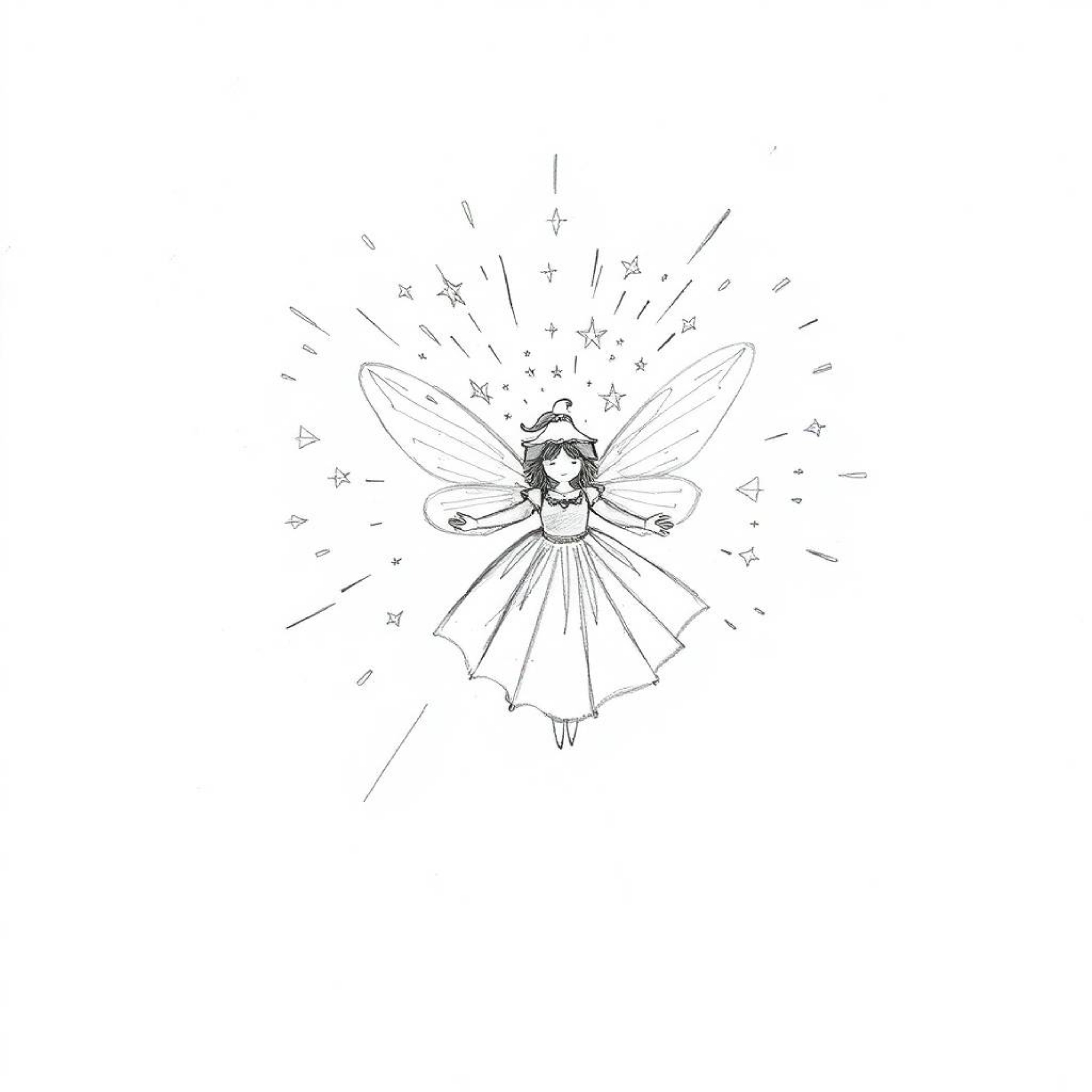 This collection features hand-drawn sketches depicting a fairy godmother in a dynamic swirl of sparkles, viewed from a unique