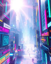 Immerse yourself in a soft, dreamy digital painting depicting a futuristic city consumed by glitch mode. Bright lens flares, 