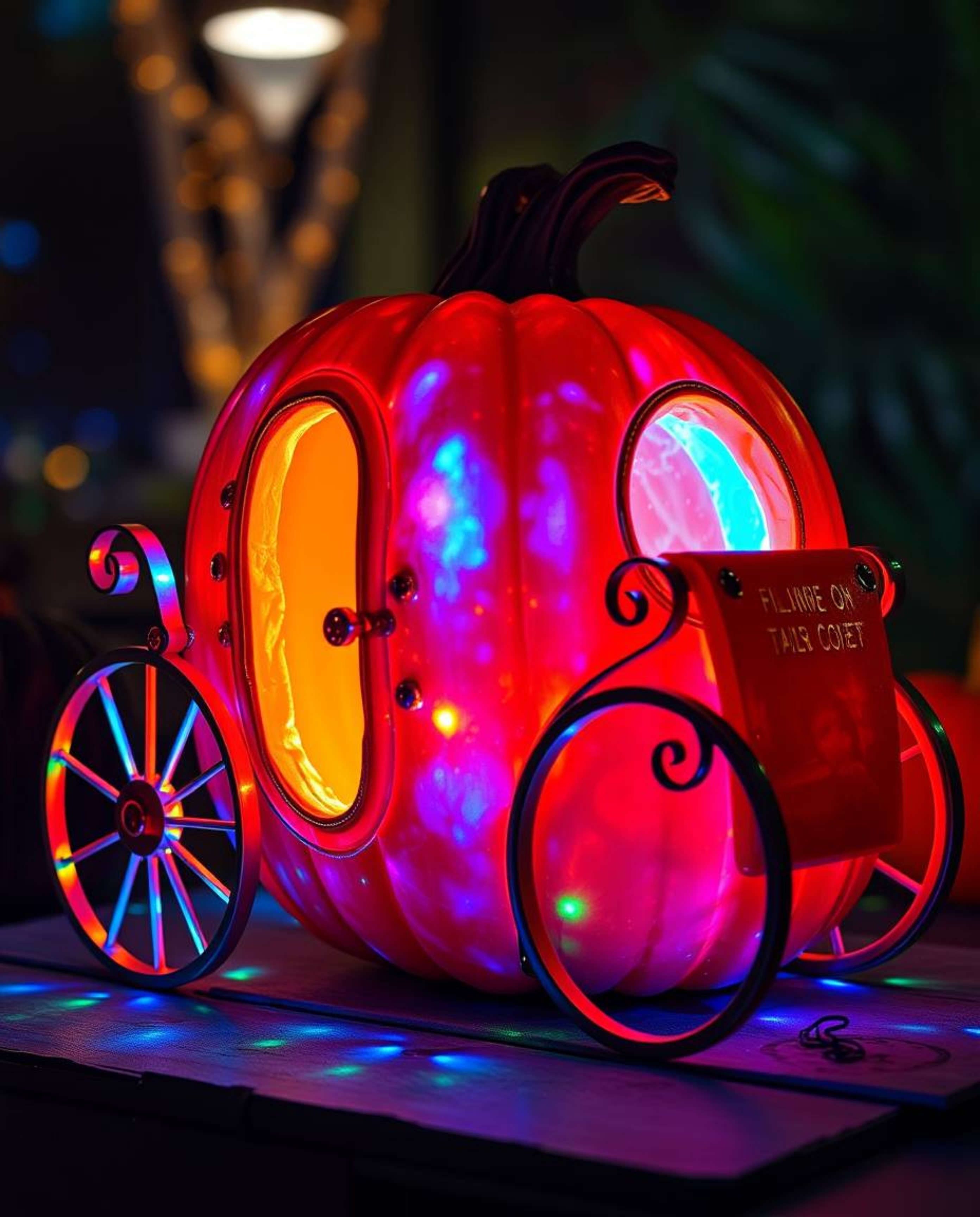 A high-resolution stock photo depicting a magical pumpkin transforming into a carriage, illuminated by vibrant, glowing biolu