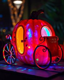 A high-resolution stock photo depicting a magical pumpkin transforming into a carriage, illuminated by vibrant, glowing biolu
