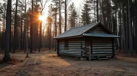 A captivating image of an old wooden cabin nestled in a sun-drenched forest at sunset.  Rendered in calming earth tones of br