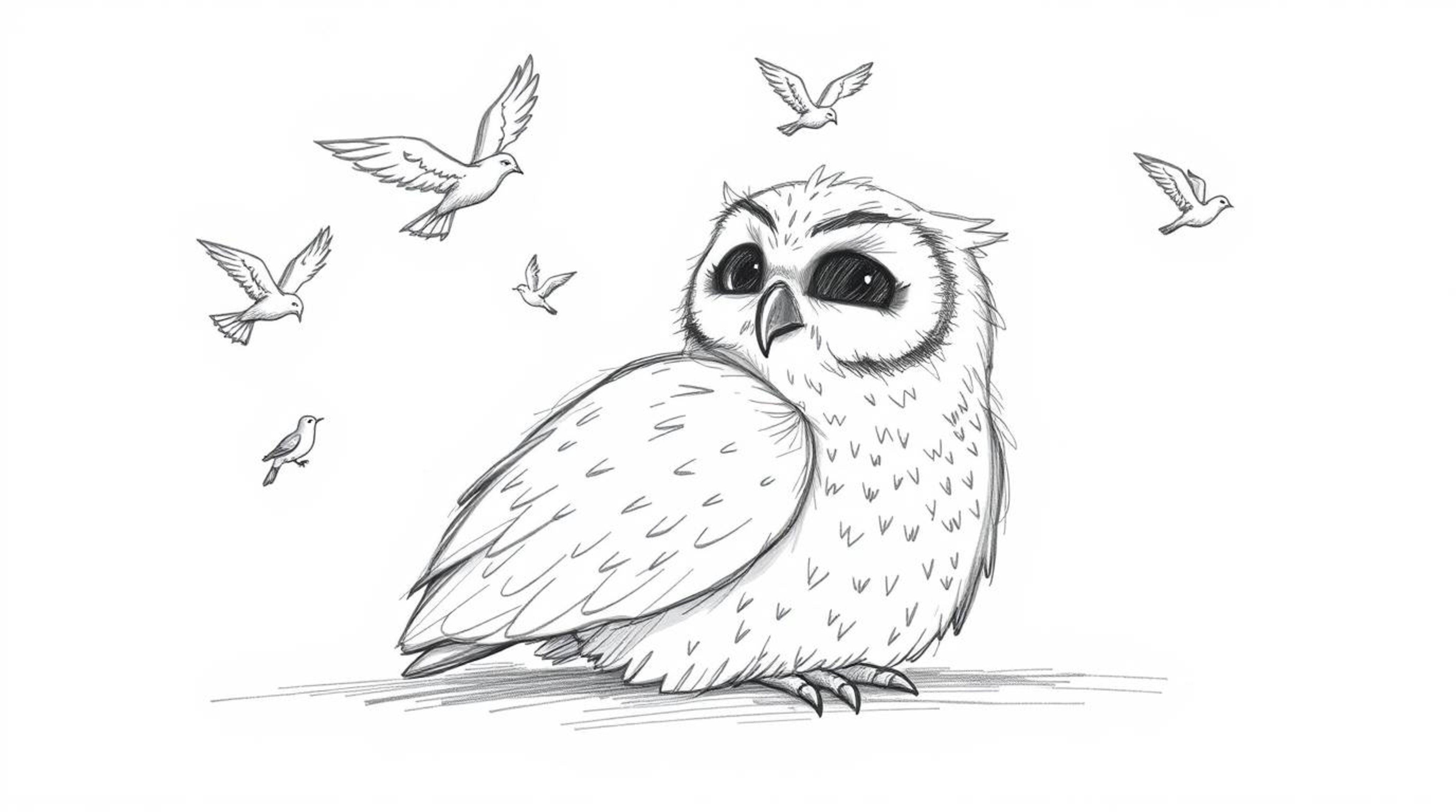 This hand-drawn sketch, reminiscent of Pixar's style, portrays a serene blind owl with soft feathers gently guiding birds in