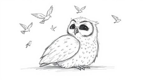This hand-drawn sketch, reminiscent of Pixar's style, portrays a serene blind owl with soft feathers gently guiding birds in 