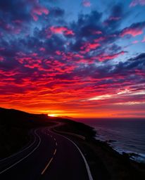 This photograph captures an energetic sunset sky over a winding coastal highway. The scene is defined by its intense, dramati