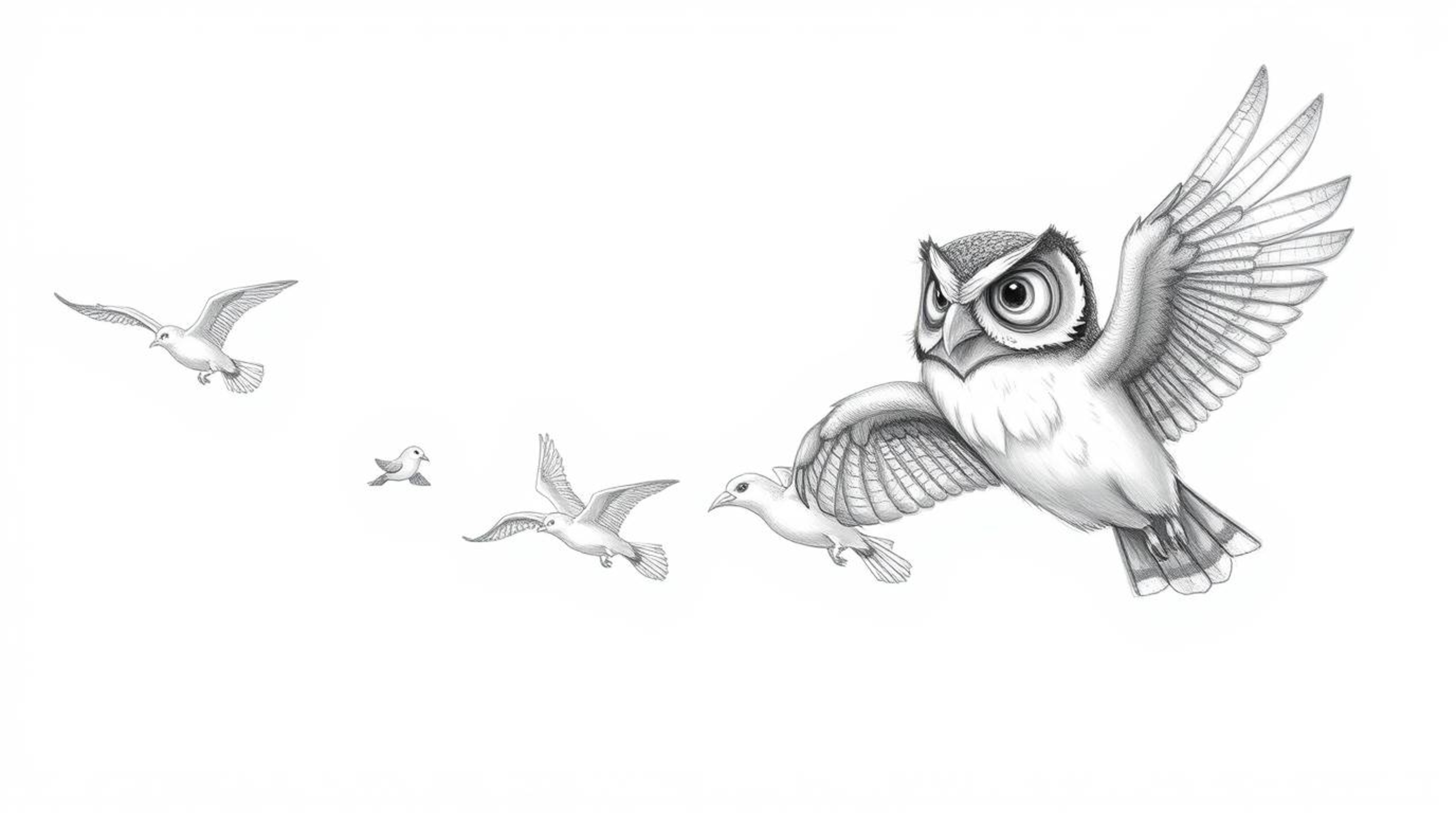 A textured pencil sketch, in the style of Pixar, depicts a heartwarming scene of a blind owl with slightly ruffled feathers, 
