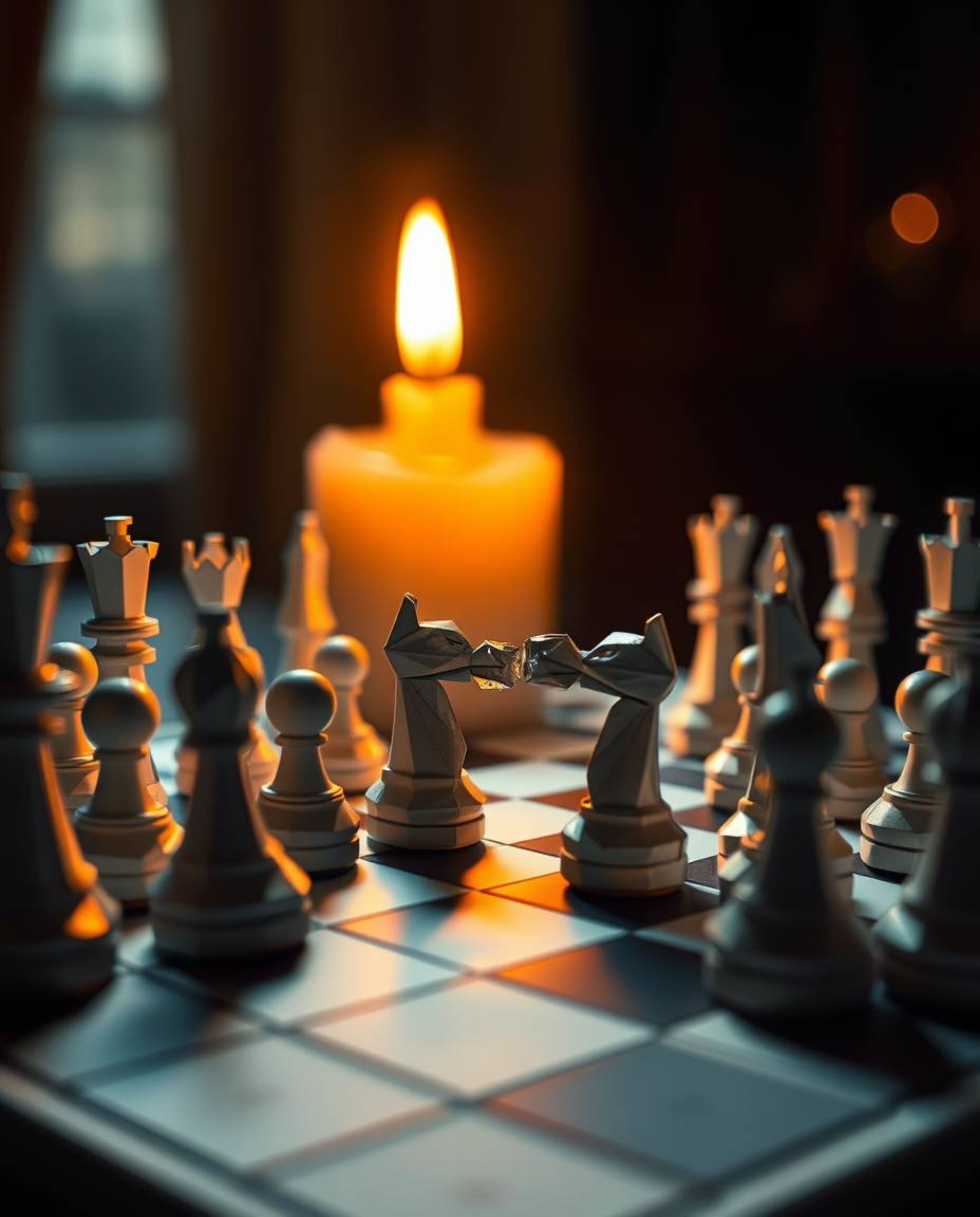 A captivating origami-style depiction of a chessboard captures a dramatic scene of destruction. Pieces are frozen mid-air, il