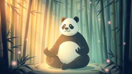A creative light art illustration depicting a meditating panda martial artist peacefully situated within a serene bamboo fore