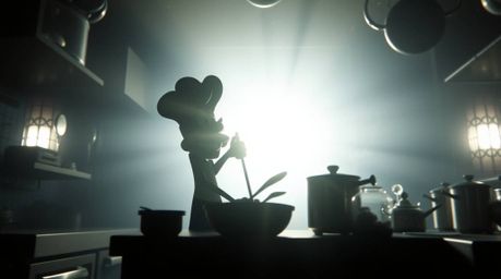 A silhouetted sponge character is captured in a moment of culinary creation within an underwater kitchen. Rendered in electri