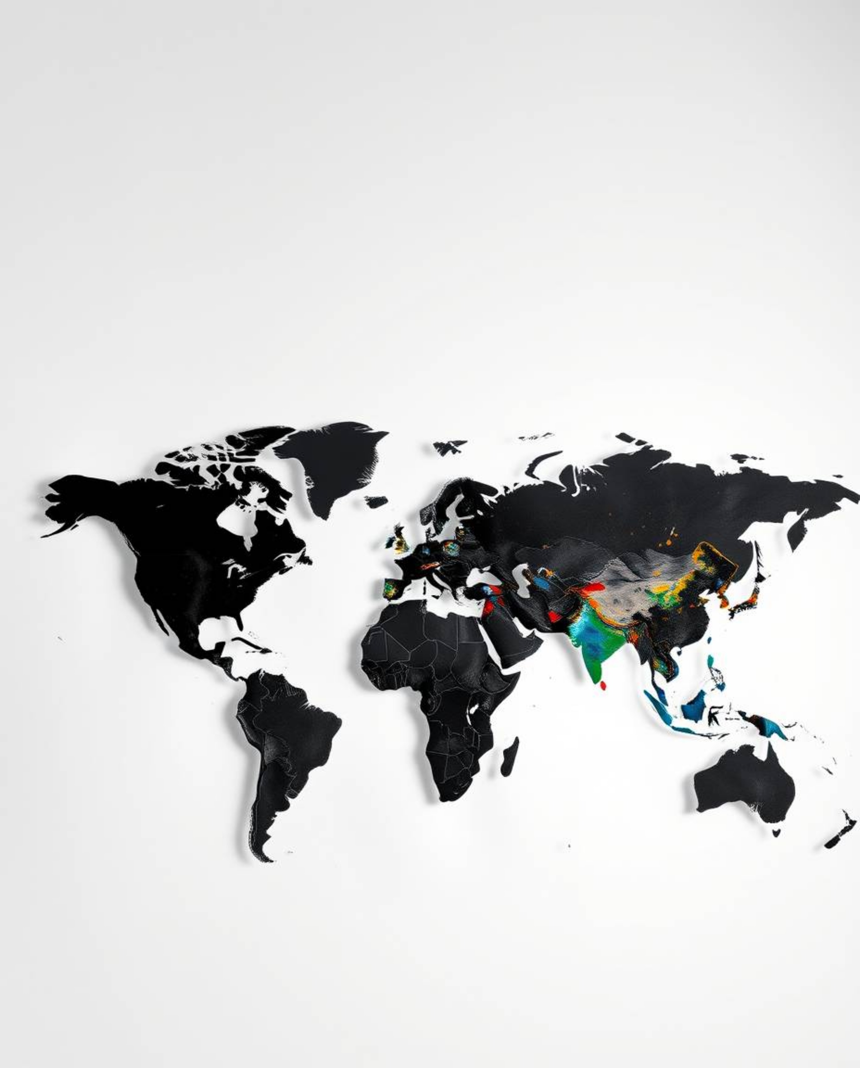 This image features a classic black and white, high-contrast world map, presented with a low-key aesthetic. The abstract conc