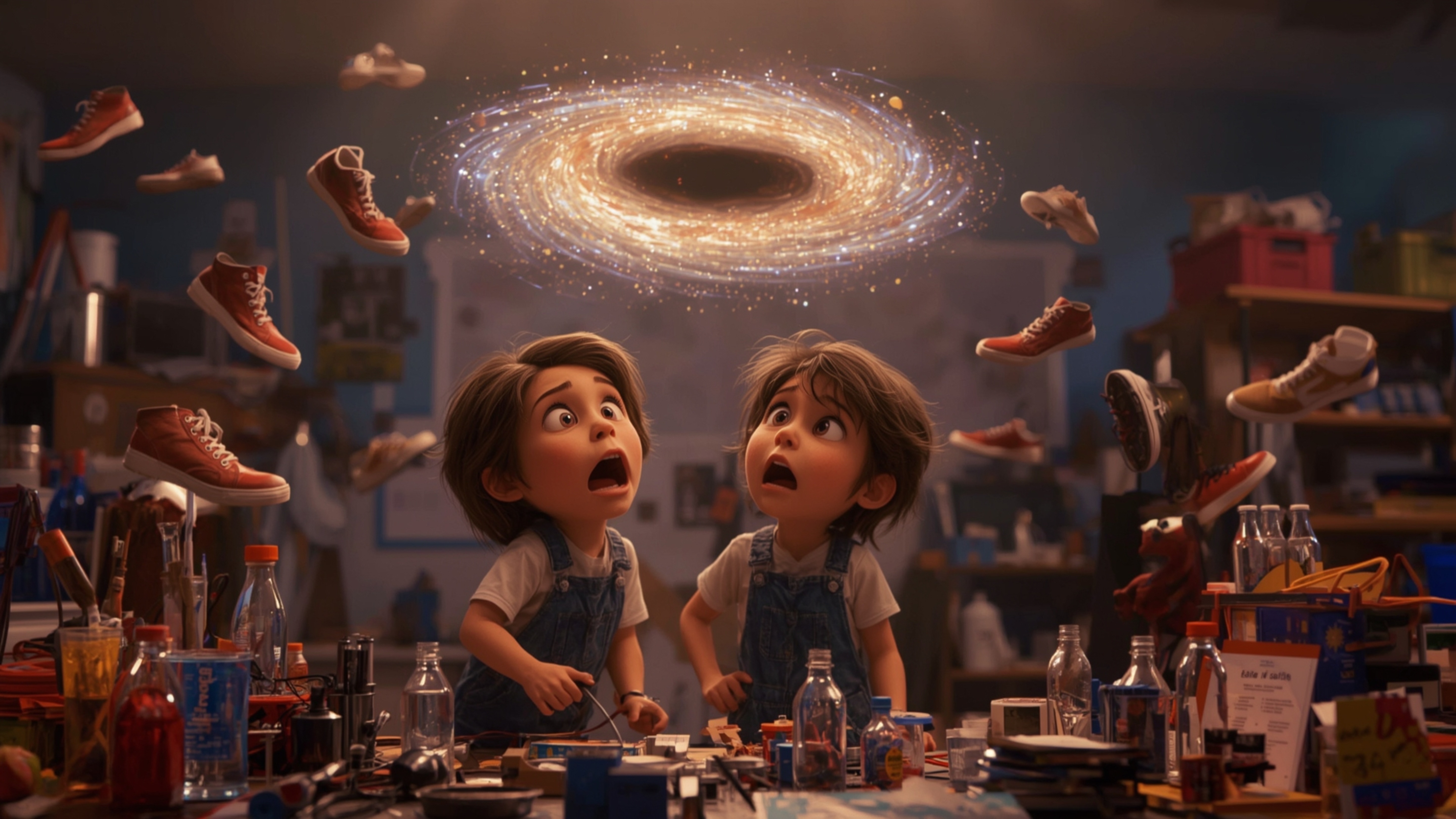 In a vibrant, whimsical photograph reminiscent of Pixar's storytelling style, a dynamic science fair duo stands amidst a clut