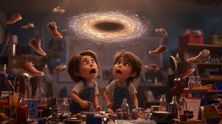 In a vibrant, whimsical photograph reminiscent of Pixar's storytelling style, a dynamic science fair duo stands amidst a clut