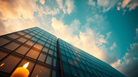 A dramatic, luxurious image showcasing a modern glass building seamlessly dissolving into a soft, cloudy sky, embodying the c