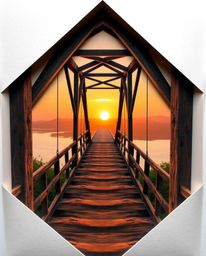 A high-angle perspective image showcases an old wooden bridge over a river at sunset, intricately rendered in an origami styl