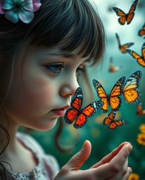 Experience a surreal and dreamlike close-up of a girl releasing butterflies into the air. This fantastical image boasts detai