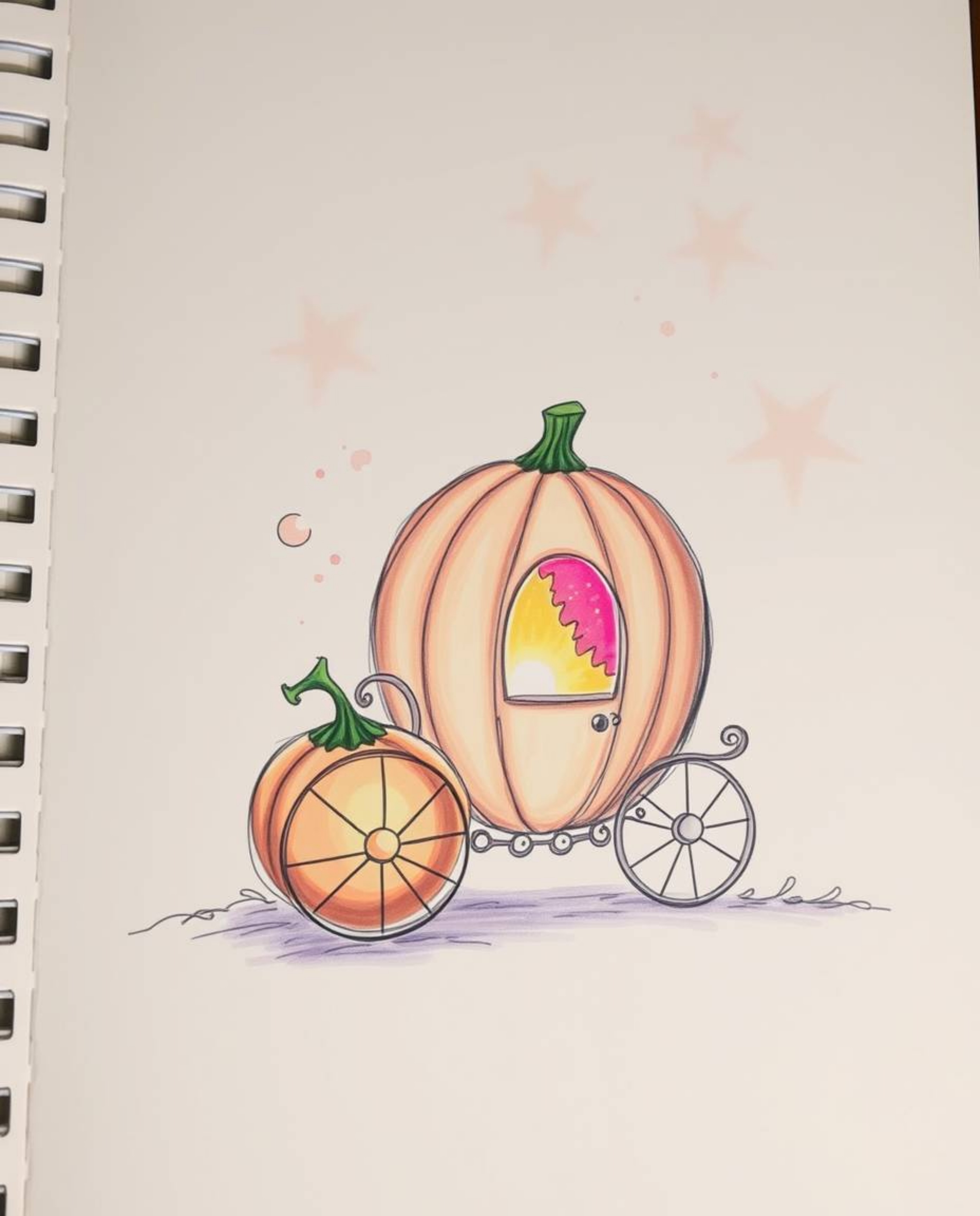 A captivating hand-drawn sketchnote depicts a magical pumpkin transforming into a carriage.  The soft, dreamy atmosphere is e
