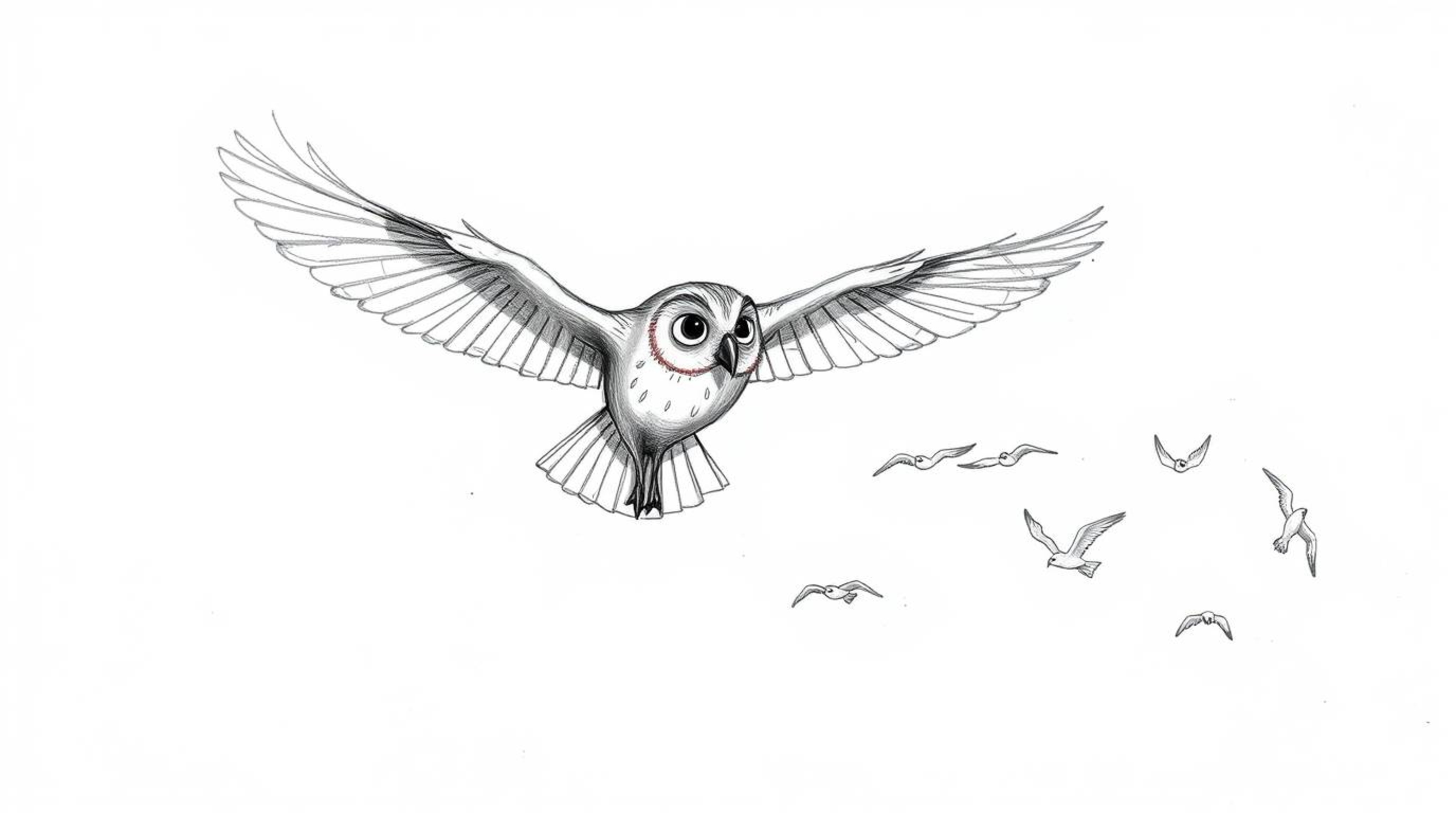 A heartwarming Pixar-style, hand-drawn sketch showcases a blind owl mid-flight, guiding a flock of birds. The owl, rendered w