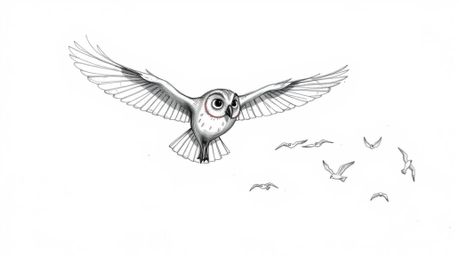A heartwarming Pixar-style, hand-drawn sketch showcases a blind owl mid-flight, guiding a flock of birds. The owl, rendered w