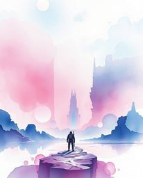 A stunning watercolor painting depicting an epic futuristic scene.  The artwork features a soft gradient blending pink, blue,