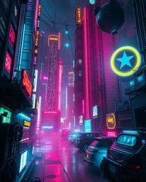 A captivating cinematic image showcasing a vibrant, neon-drenched cyberpunk cityscape.  This futuristic scene blends advanced