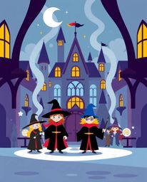 This modern flat design depicts a magical school brimming with young wizards, brought to life with simple two-dimensional sha
