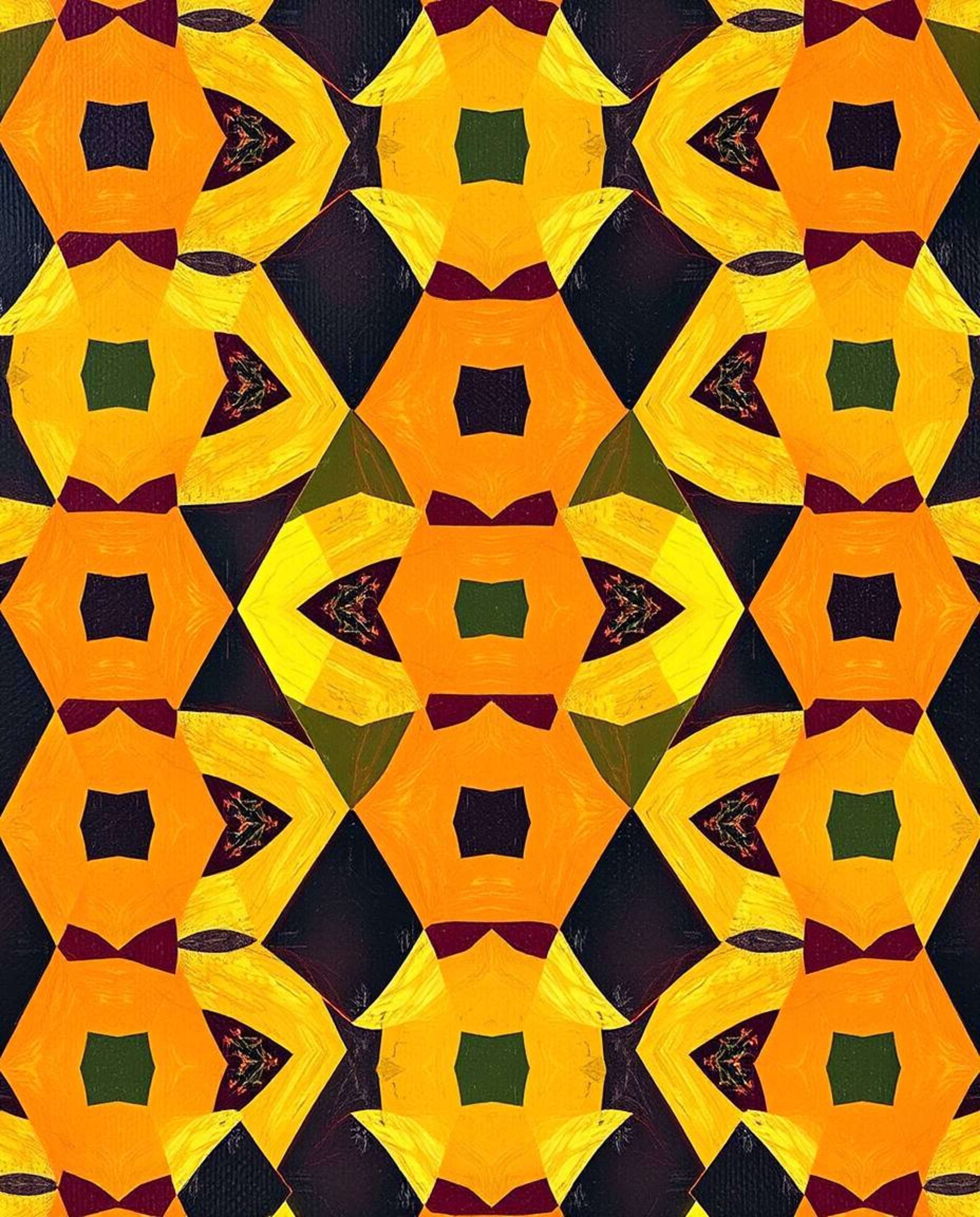 This artwork features a classic oil painting showcasing a seamless geometric pattern composed of hexagons and triangles. The 