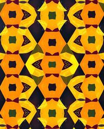 This artwork features a classic oil painting showcasing a seamless geometric pattern composed of hexagons and triangles. The 