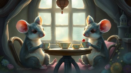 A captivating digital painting depicts anthropomorphic mice enjoying a tea party within a charming, cozy cottage.  Rendered i