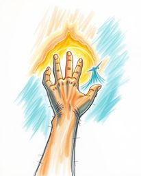 A hand-drawn sketch depicting a hand reaching toward light from the darkness, rendered in a warm terracotta and cool teal col