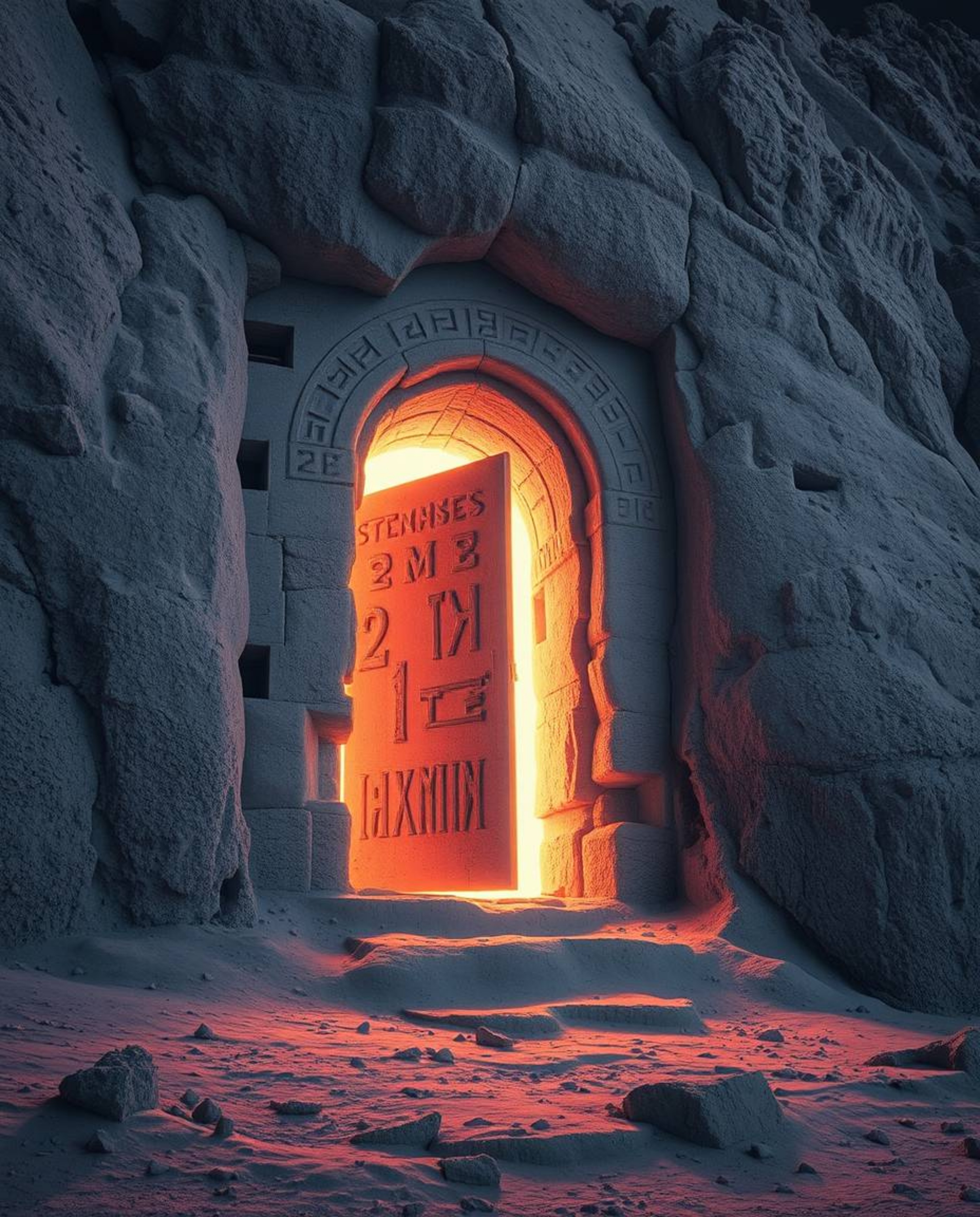 Explore an ancient doorway etched with glowing runes within a majestic mountain, rendered in a surreal infrared spectrum for 