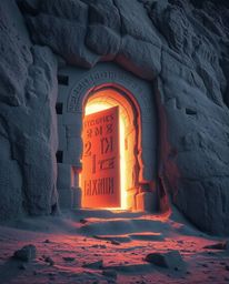 Explore an ancient doorway etched with glowing runes within a majestic mountain, rendered in a surreal infrared spectrum for 