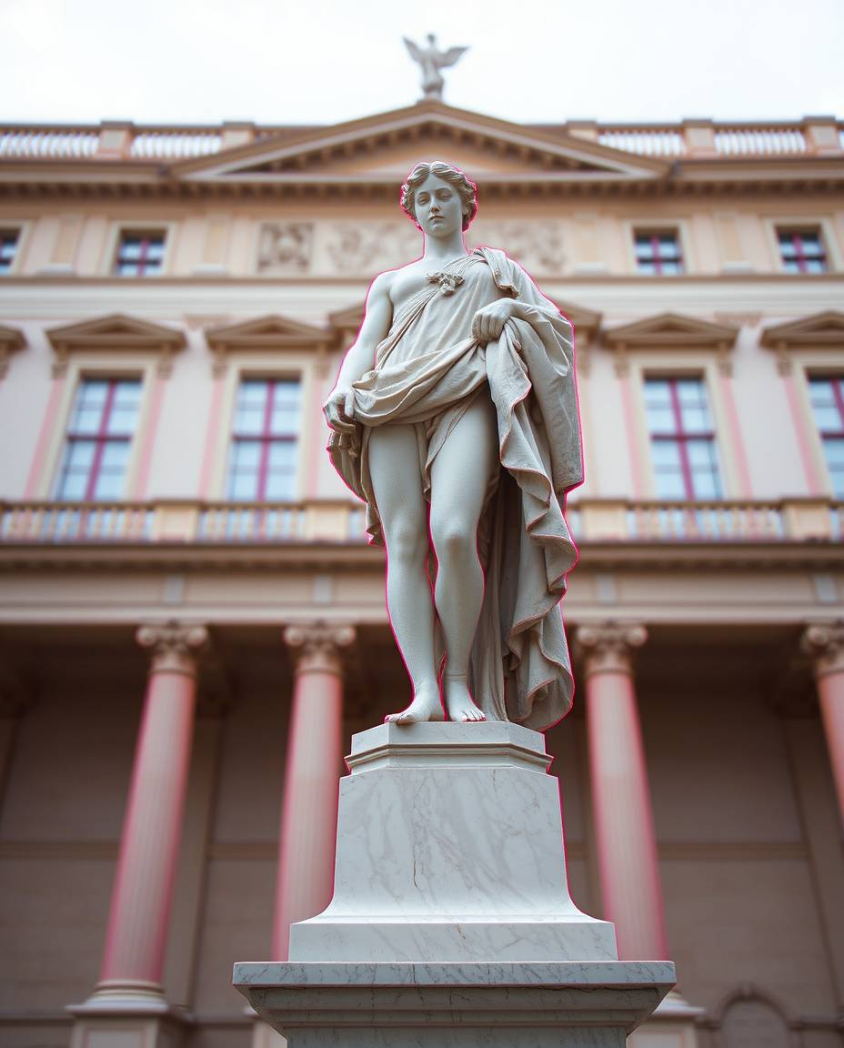 A captivating architectural photograph showcases a classical sculpture infused with a vibrant glitch effect. The sharp focus 