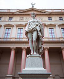 A captivating architectural photograph showcases a classical sculpture infused with a vibrant glitch effect. The sharp focus 