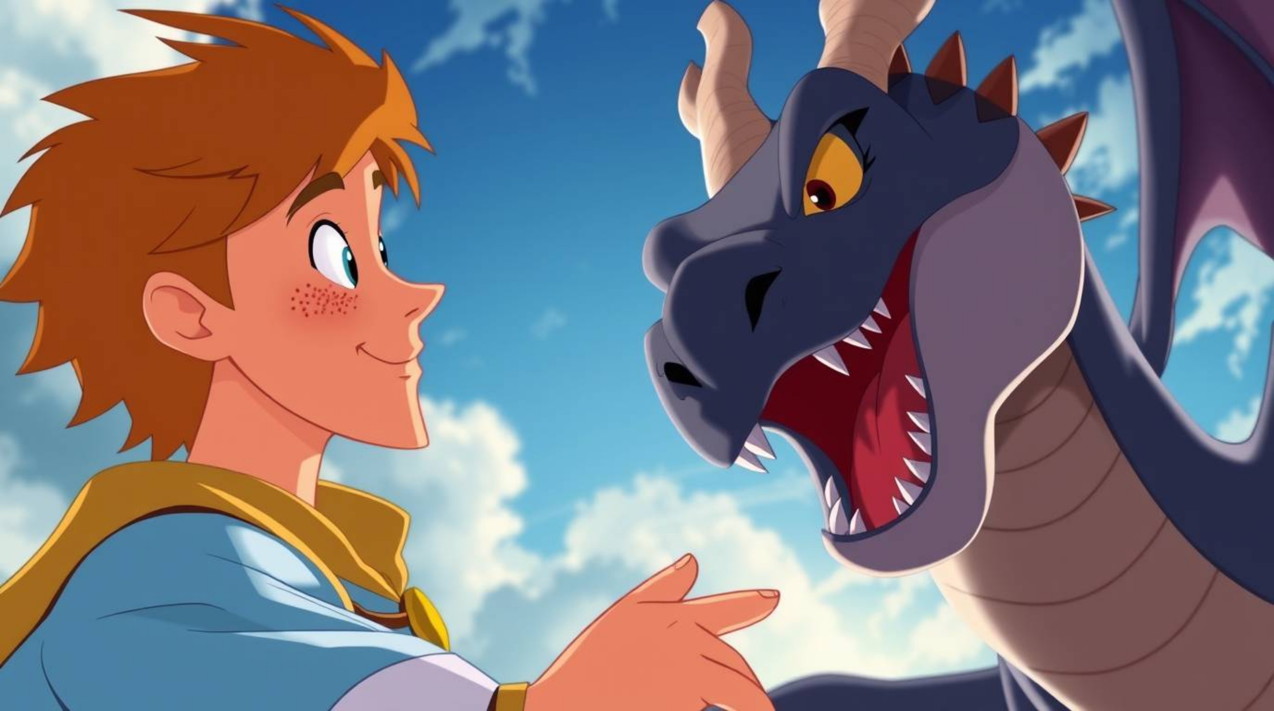 Experience a vibrant and charming scene of a prince with light brown hair and freckles battling a fearsome dragon in a captiv