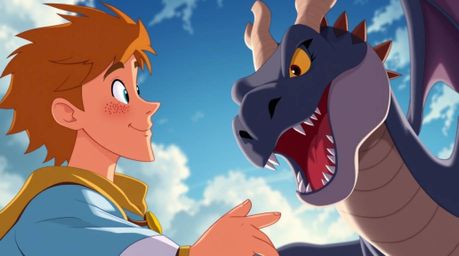 Experience a vibrant and charming scene of a prince with light brown hair and freckles battling a fearsome dragon in a captiv
