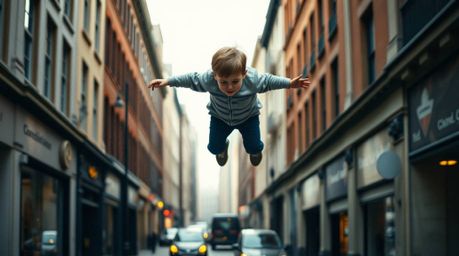 This image captures a whimsical and spontaneous moment of a young boy seemingly floating above the vibrant streets of London,