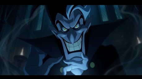 A classic Disney villain with an expressive face and wicked grin is casting a spell in an old castle, creating an eerie atmos