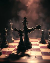 A captivating image depicting a chessboard frozen mid-destruction, showcasing dynamic pieces suspended in mid-air.  Rendered 