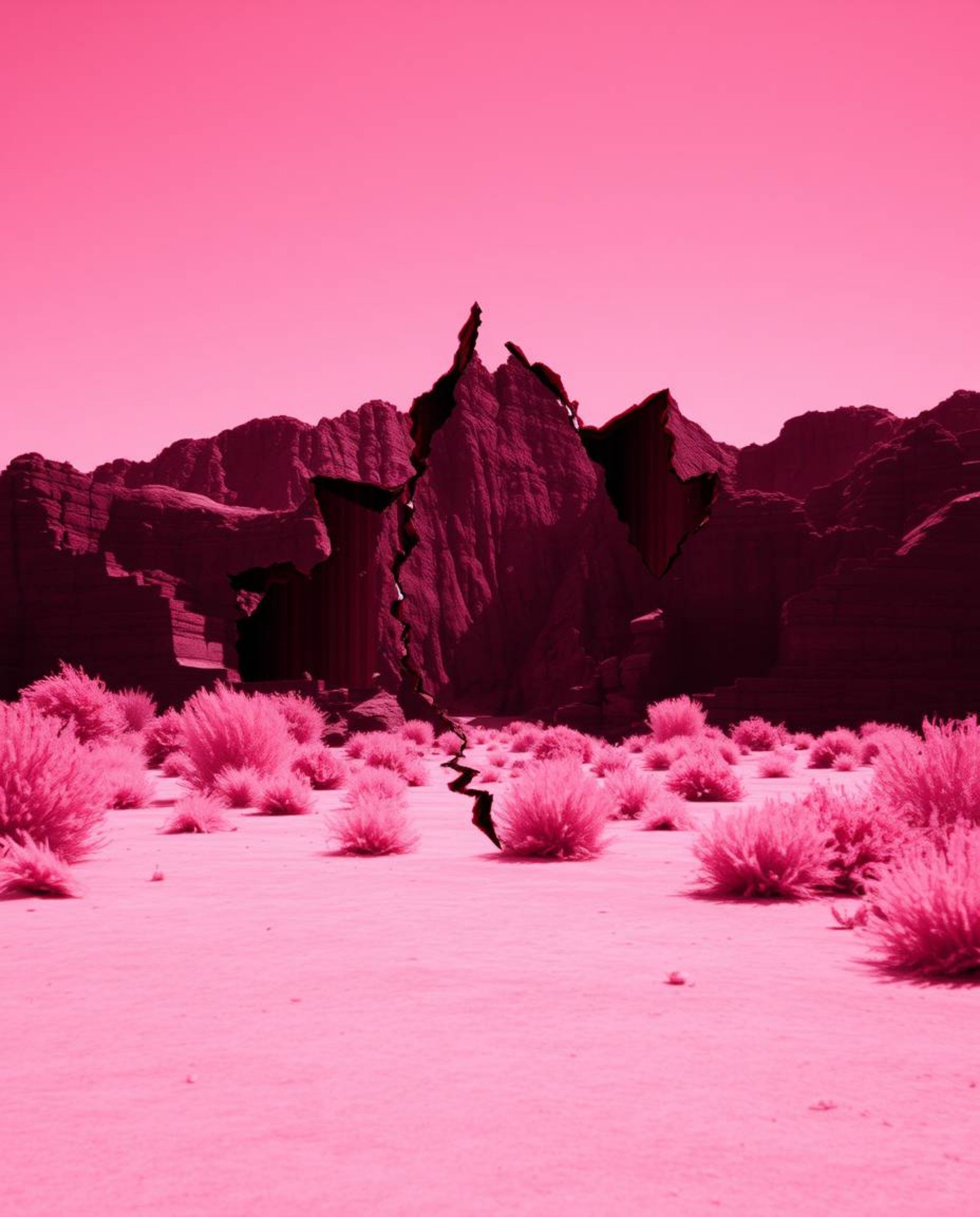 Explore a captivating digital glitch landscape where reality fractures and reforms. Surreal infrared tones dance with contras