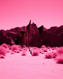 Explore a captivating digital glitch landscape where reality fractures and reforms. Surreal infrared tones dance with contras