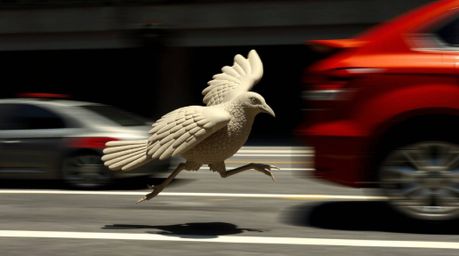 A dynamic clay sculpture depicts a fast-running bird zipping past city traffic under dramatic chiaroscuro lighting. The textu