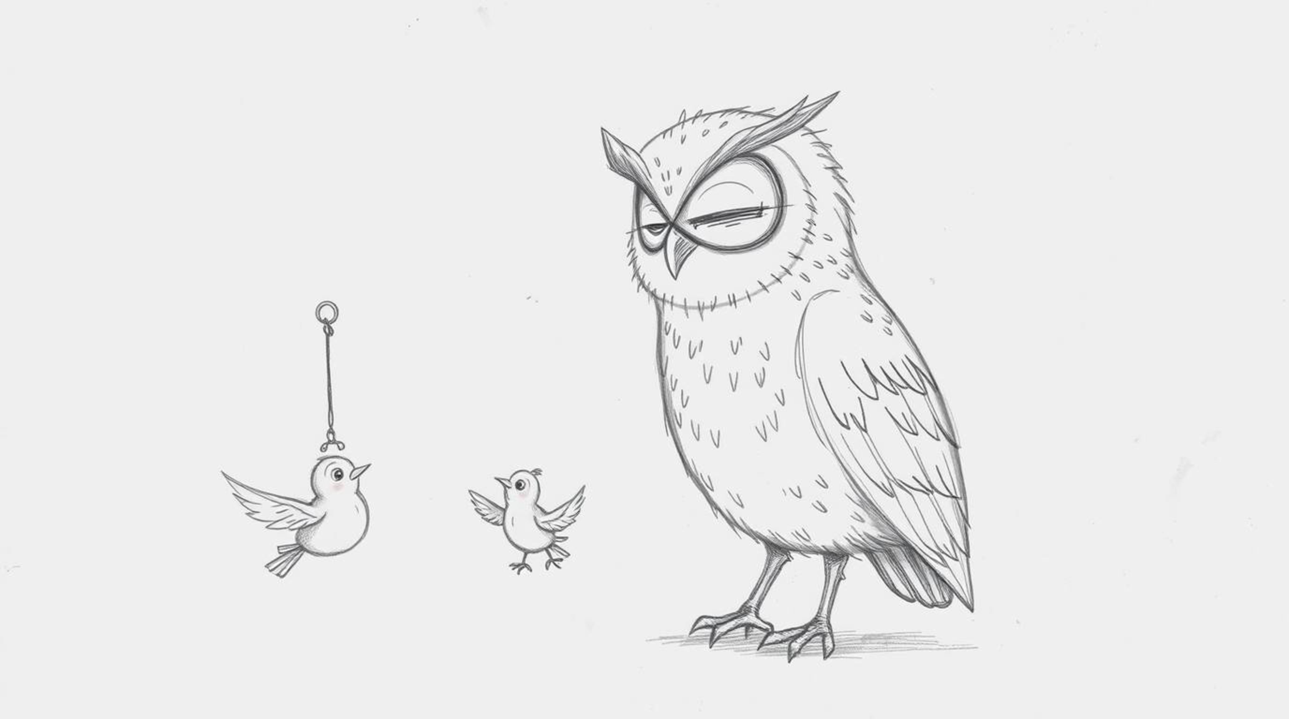 A whimsical, hand-drawn sketch in the style of Pixar depicts a wise, blind owl with soft, feathery textures, compassionately 