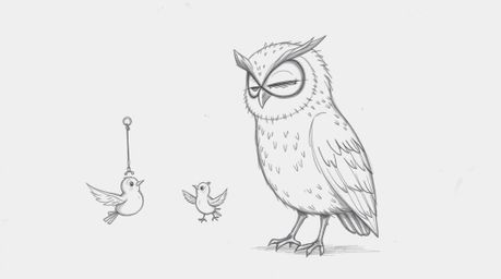 A whimsical, hand-drawn sketch in the style of Pixar depicts a wise, blind owl with soft, feathery textures, compassionately 