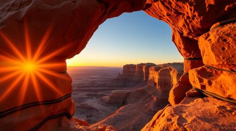 A captivating bronze sculpture depicting a high-angle view of a desert sunset seen through a natural rock arch.  The antique 
