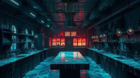 Explore a slime-covered science lab filled with an eerie and creepy atmosphere, defined by rich, deep teal tones that create 