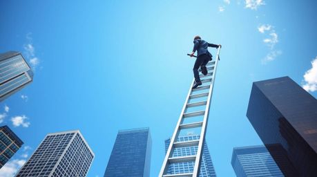 An abstract image depicts a businessperson ascending a transparent ladder disappearing into a vibrant blue sky above towering