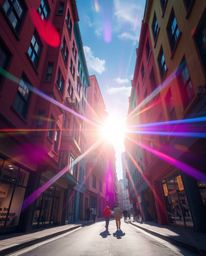 Immerse yourself in a surreal street scene where buildings fold and twist under the illumination of bright lens flare and vib